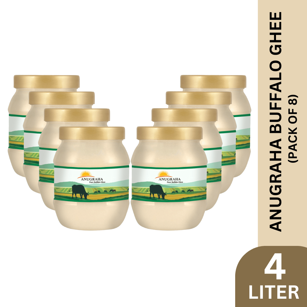 Anugraha Organic Grass-Fed Buffalo Ghee | Pure Desi Bilona Ghee | Cultured Vedic Ghee | 100% Natural & Traditional Processed (500 ml Pack of 8) - 4 Litre