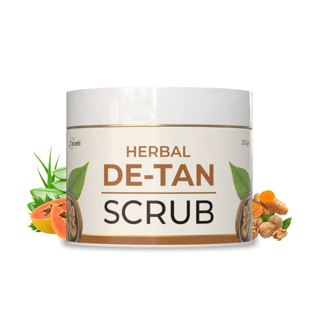 Tarushi Formulations Herbal De-Tan Unisex Scrub with Papaya, Aloe Vera and Walnut - For Tan Removal, Skin Whitening and Glowing Skin, 200gm
