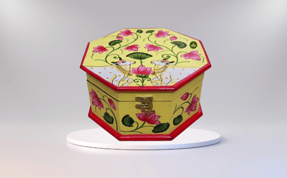 Hand Painted Pichwai Art Wooden Yellow Color Octagon shape Storage Box