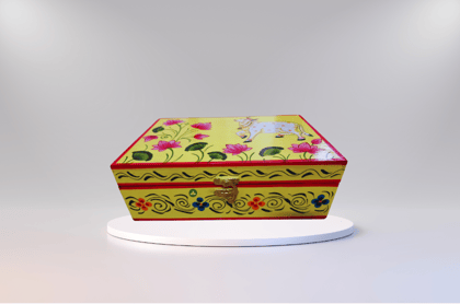 Hand Painted Pichwai Art Wooden Yellow Color Rectangle shape Storage Box