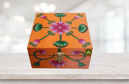 Hand Painted Pichwai Art Wooden Orange Color Square shape Storage Box