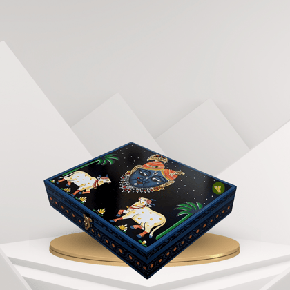 Hand Painted Shreenathji Pichwai Art Wooden Black Blue Color Storage Box