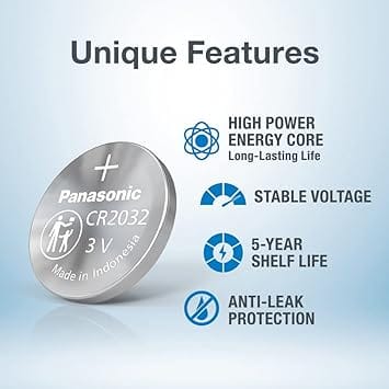  Panasonic CR2032 3V Lithium Coin Battery with High Power Energy Core, Stable Voltage, 5-Year Shelf Life, and Anti-Leak Protection