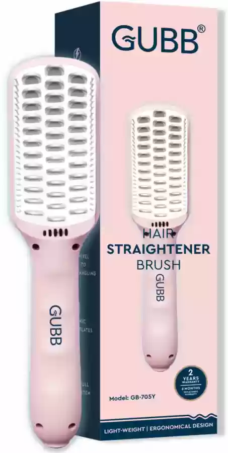 Electric Hair Straightener Brush, GUBB Ionic Ceramic Straightening Brush with Anti-Scald Technology, 5 Temperature Settings for All Hair Types, Pink (GB-705Y)