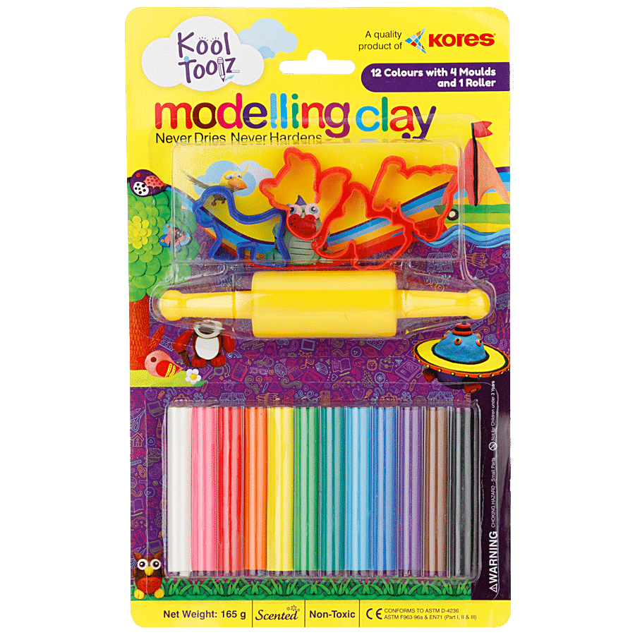Kores Kool Clay - 8 Shades With 3 Moulds In A Bucket, Never Dries Or Hardens, 225 G Blister Pack