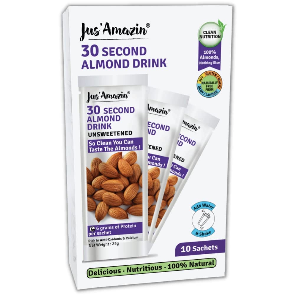 Jus' Amazin 30 Second Almond Drink, Unsweetened (10 X 25G Sachets), Use 1 Sachet To Make 1 Glass, Dairy Free Almond Milk, Clean Nutrition, 100% Natural, Keto, Vegan