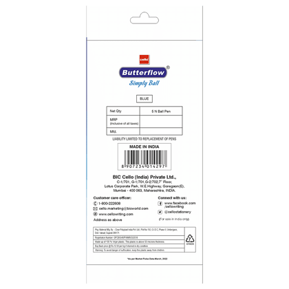 Bic Cello Butterflow Simply Ball Pen - For Smooth Writing, Blue, 5 Pcs