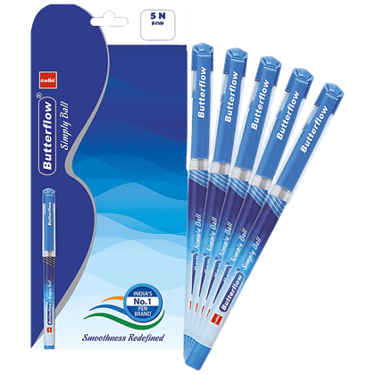 Bic Cello Butterflow Simply Ball Pen - For Smooth Writing, Blue, 5 Pcs