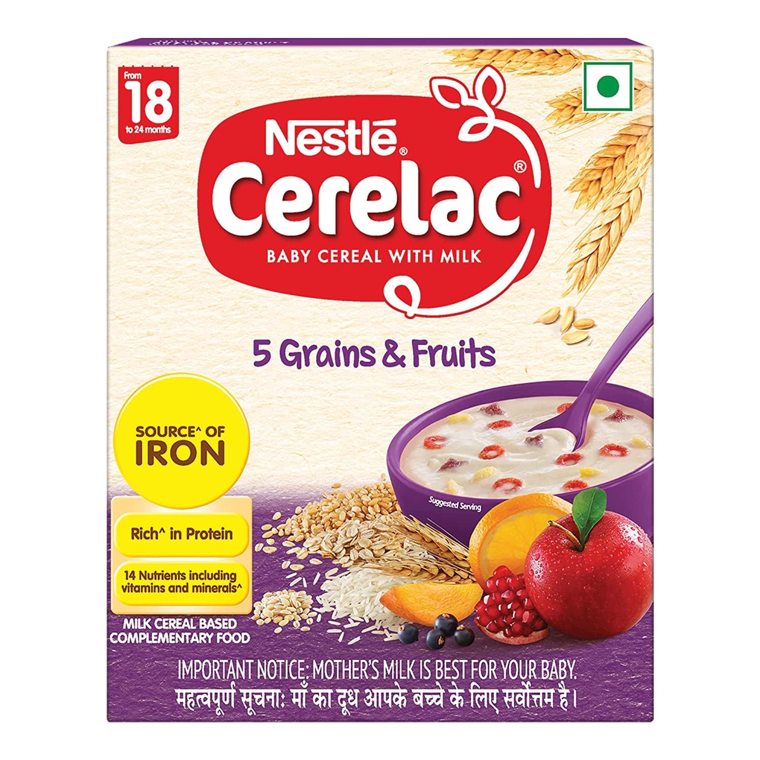 Nestle Cerelac Baby Cereal With Milk 5 Grains & Fruits, Stage 5, From 18 To 24 Months, Source Of Iron & Protein, 300G