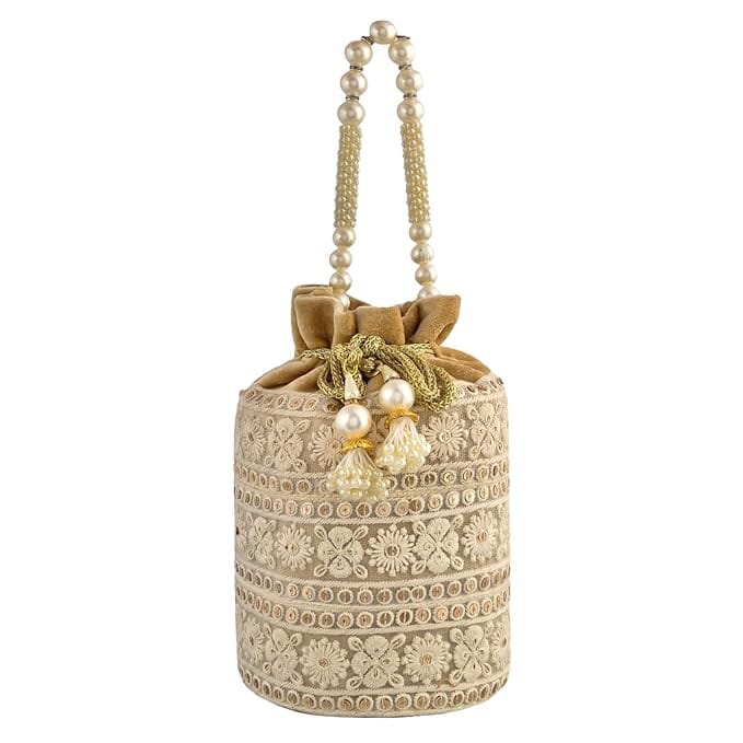 Cream Potli Bag With Pearl Handle