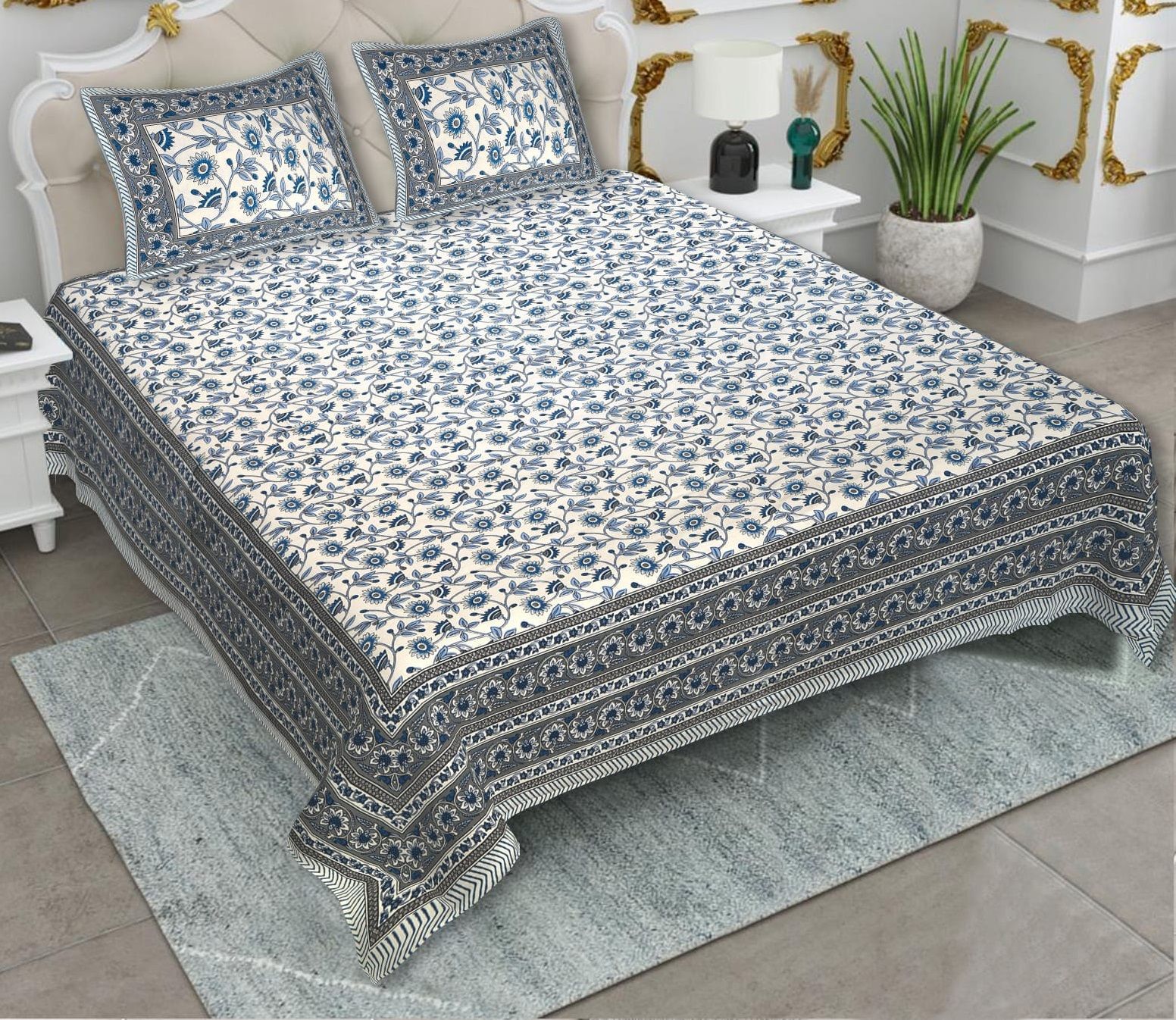 King Size (93x108 inches) Cotton Double Bedsheet with 2 Pillow Covers-(Alexa-1)