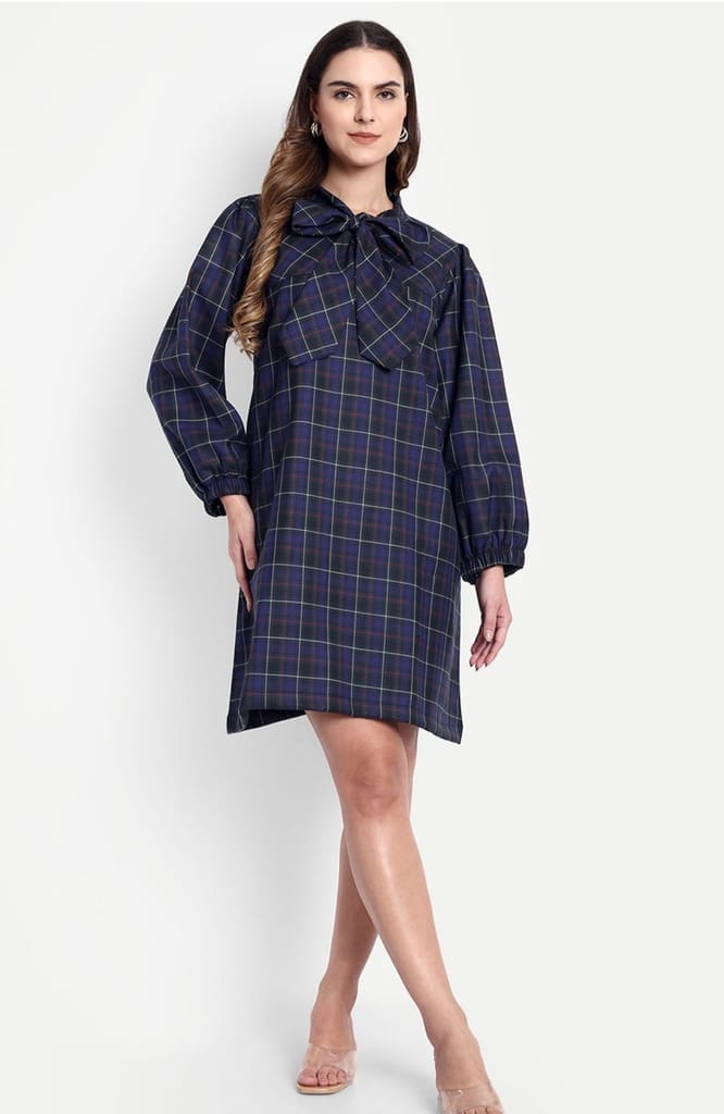 Women's Blue Plaid Long Sleeve Bow Neck Mini Dress