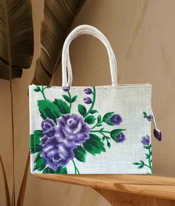 Purple Floral Print Jute Tote Bag with Zipper Closure