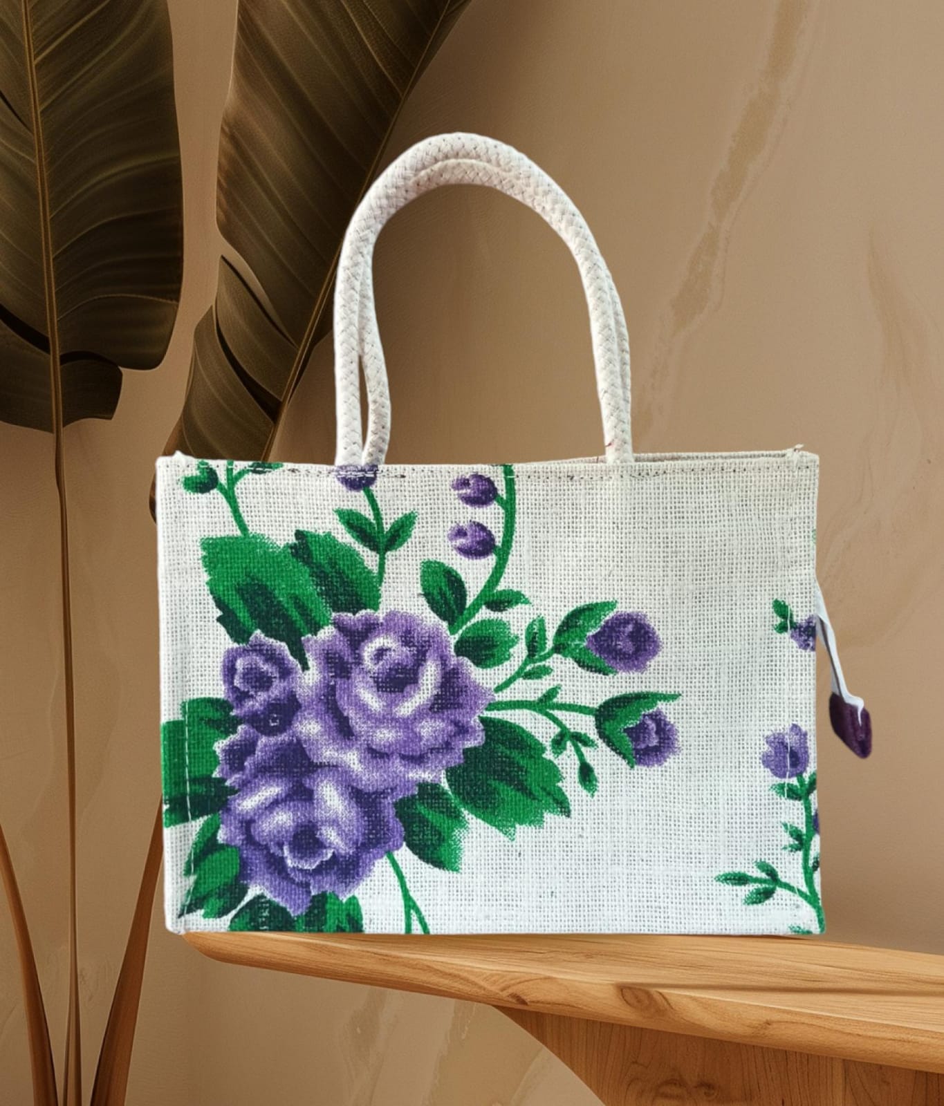 Purple Floral Print Jute Tote Bag with Zipper Closure