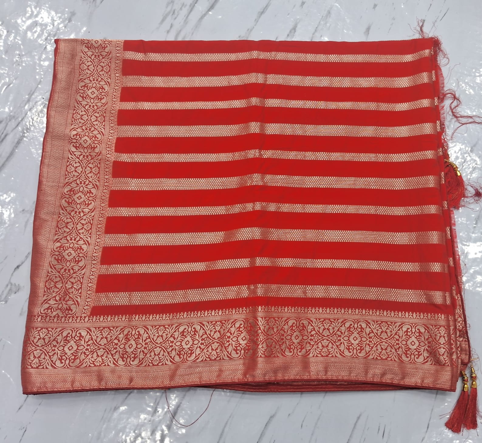 Red and Green Banarasi Silk Saree With Elephant and Floral Brocade