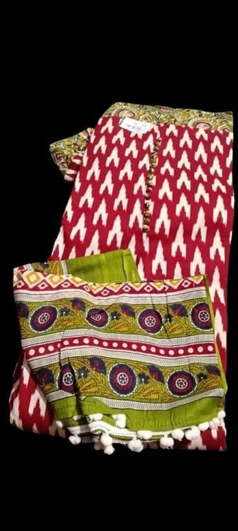 Red and Green Hand Block Printed Cotton Kurta with Palazzo Pants and Dupatta Set