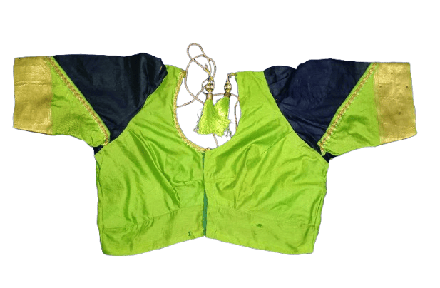 BK Tailoring -  Green Cotton Silk Saree Blouse With Blue Contrast Yoke And Elbow Sleeves