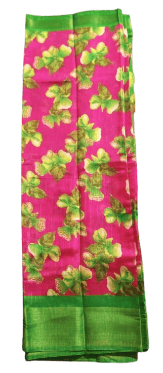 Pink Floral Linen Saree With Green Border