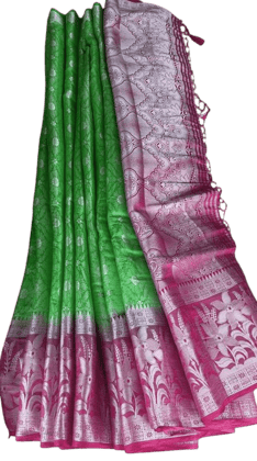 Green and Pink Saree with Floral Brocade Border