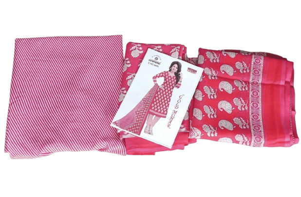 Pink and white cotton printed salwar kameez with chiffon dupatta