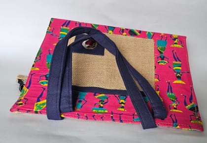 Jute Bag with Colorful Tribal Print and Blue Handles