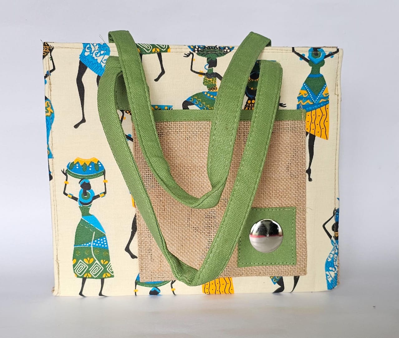 Handmade Jute Tote Bag with Colorful African Print