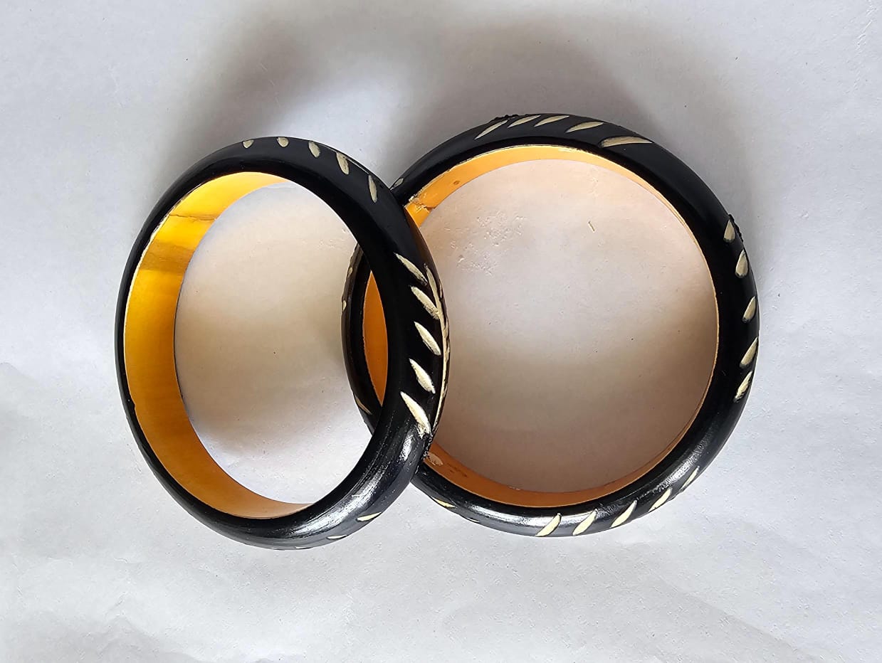 Black Wooden Carved Bangle Set of 2