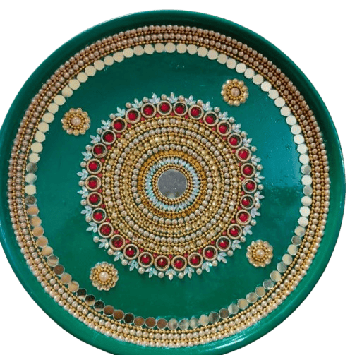 Harathi Plate/Green and gold decorative plate with intricate mirror and pearl work