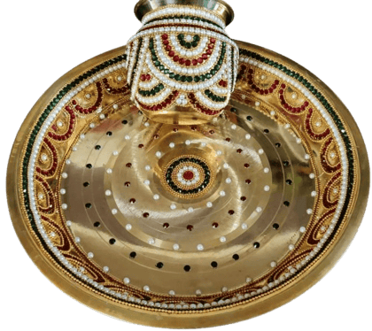 Brass pooja thali set with intricate carving and stone work