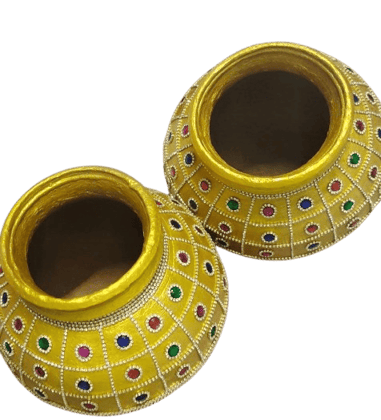 Home Made Golden Decorative Kalash with Kundan and Pearl Work - Set of 2