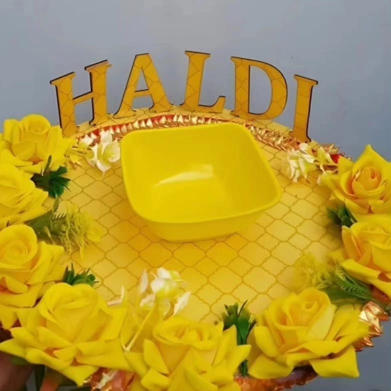 HALDI KUMKUM PLATE WITH ARTIFICIAL YELLOW ROSE FLOWERS FOR INDIAN WEDDING AND ENGAGEMENT CEREMONY
