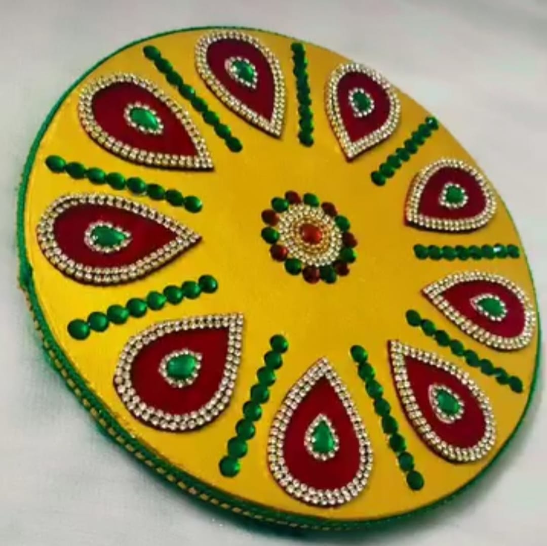 GOLDEN POOJA THALI WITH KUNDAN AND PEARL WORK/ DECORATED SANA / MARRIAGE OCCASION ITEMS/SANA