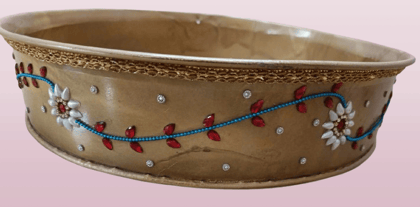 EXQUISITE HANDCRAFTED DECORATIVE METAL BOWL WITH INTRICATE FLORAL DESIGN AND BEADS/JALLEDA/HALDI FUNCTION ITEMS/MANGALA SNANAM ITEMS