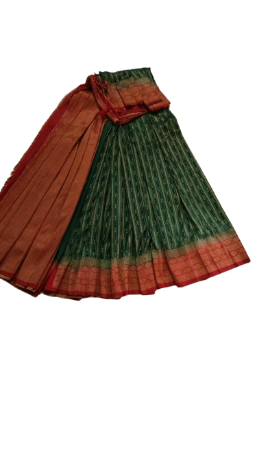 Green and gold silk blend traditional Indian Sari with red border