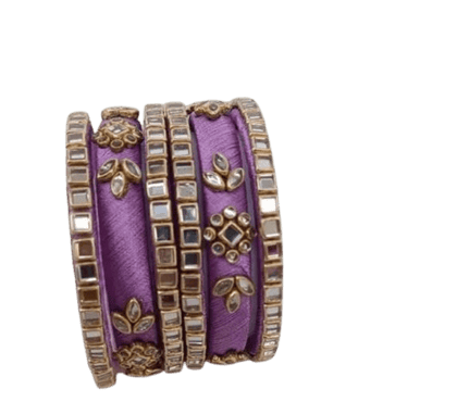 Purple Silk Thread Bangle Set with Kundan and Mirror Work