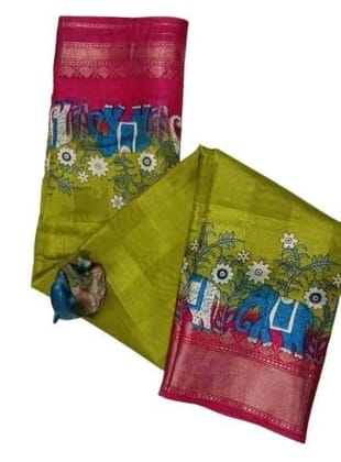 Green and Pink Floral Printed Saree with Elephant Motif Green and Pink Floral Printed Saree with Elephant Motif