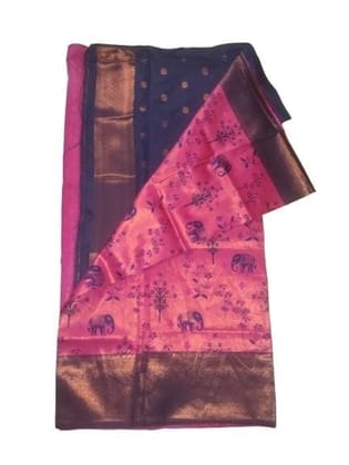 Pink and Blue Handloom Pure Mysore Silk Saree With Elephant Motif Pink and Blue Handloom Pure Mysore Silk Saree With Elephant Motif