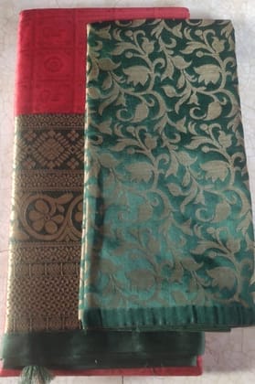 Green and Red Banarasi Silk Saree With Blouse Piece