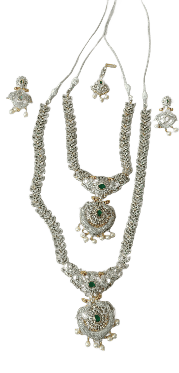 Bridal Necklace Set with American Diamonds and Green Stones
