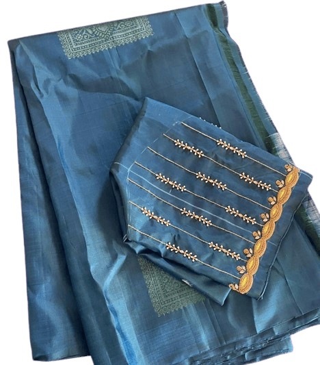 Blue Saree With Golden Embroidery Work