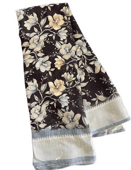 Black Floral Saree with Silver Border