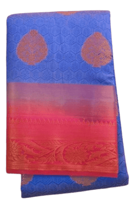 Blue and Red Silk Saree With Golden Zari Border
