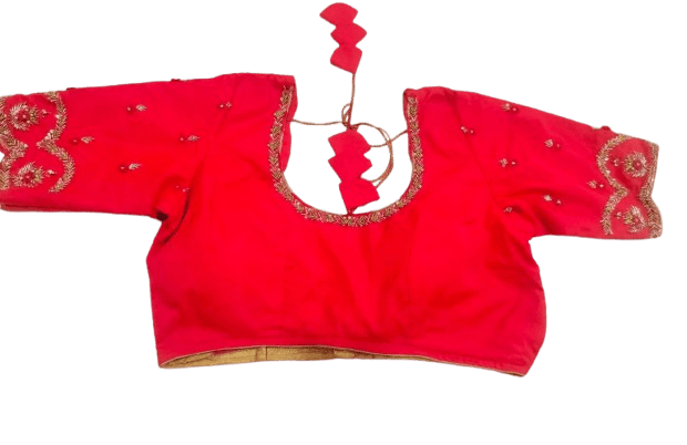 OM SAI SANTHI MAGGAM WORKS & TAILORINGS - Red Embroidered Blouse With Elbow Sleeves
