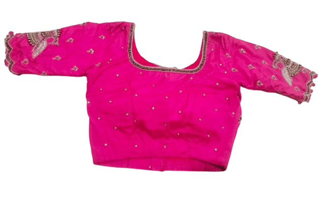 OM SAI SANTHI MAGGAM WORKS & TAILORINGS - Pink Hand Embroidered Blouse With Zari Work