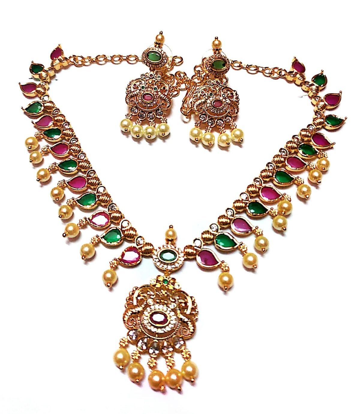 Traditional Gold Plated Ruby and Emerald Necklace Set with Pearls