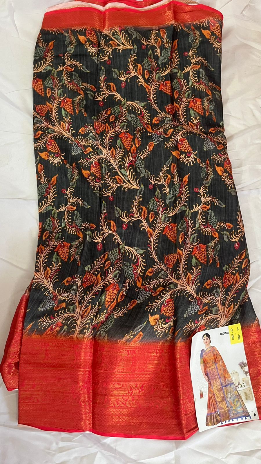 Black and Red Floral Saree with Zari Border