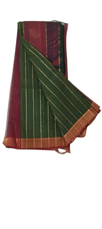 Mangalagiri handloom cotton silk saree in Green and Maroon with zari border.