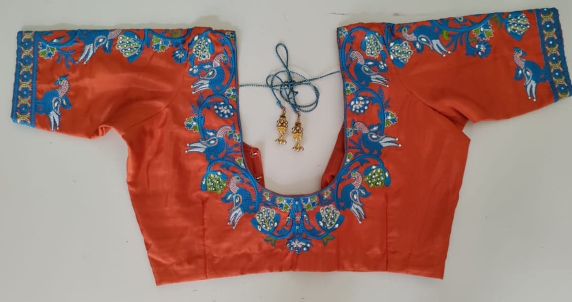orange blue blouse