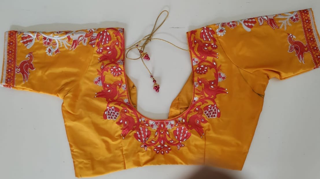 Yellow and red embroidered boat neck blouse
