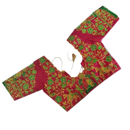 Red and green embroidered boat neck blouse with zari work Red and green embroidered boat neck blouse with zari work